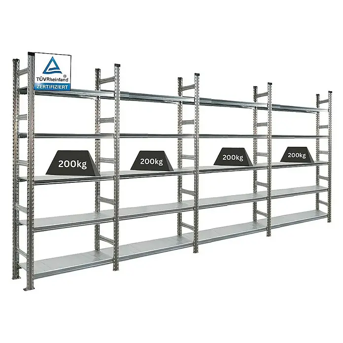 Proregal Aktenregal PROXIMO 1x Grundregal + 3x Anbauregal - Anzahl Böden: 5 Stk., Stecken, Verzinkt - Ein Regal mit mehreren Ebenen, das mit Gewichten von 200 kg pro Ebene belastet ist. Das Regal ist TÜV-Rheinland zertifiziert.