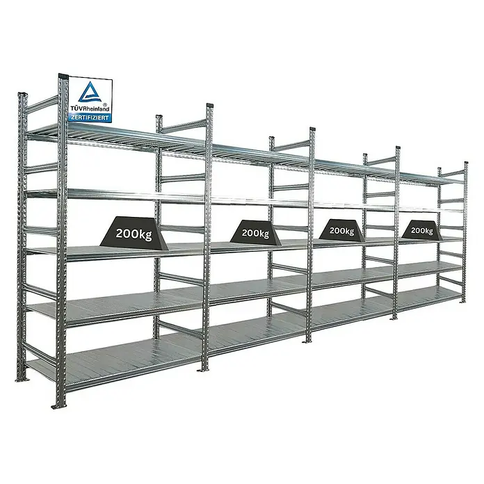 Proregal Aktenregal PROXIMO 1x Grundregal + 3x Anbauregal - H x B x T: 200 x 120 x 60 cm, Anzahl Böden: 5 Stk., Stecken, Verzinkt - Regal mit Metallrahmen und vier Ablagen, wobei jede Ablage mit Gewichten bis zu 200 kg belastet ist. TÜV-Rheinland Zertifizierung.
