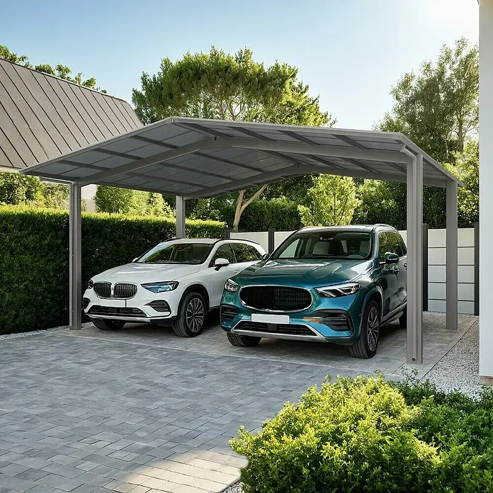 Ximax Carport Linea Typ 60 - Außenmaß inkl. Dachüberstand (B x T): 5,47 x 5,56 m, Edelstahl-Look - Doppelcarport aus Metall mit zwei parkenden Autos, ein weißes und ein grünes SUV. Das Carport schützt die Fahrzeuge vor Witterungseinflüssen.