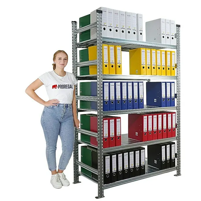 Proregal Aktenregal PROXIMO 1x Grundregal + 3x Anbauregal - H x B x T: 200 x 120 x 60 cm, Anzahl Böden: 5 Stk., Stecken, Verzinkt - Regal mit bunten Ordnern, ideal für Büro oder Lager. Das robuste Metallregal bietet viel Stauraum und ist einfach zu montieren.