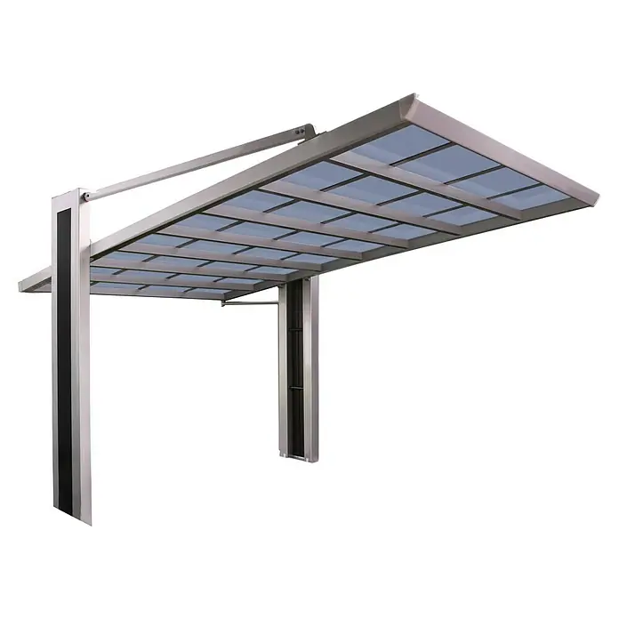 Ximax Carport Miro Next Typ 60 - Außenmaß inkl. Dachüberstand (B x T): 3,03 x 5,79 m, Edelstahl-Look - Bild eines modernen Carports aus Stahl mit Glasdach, der Schutz vor Witterungseinflüssen bietet und sich architektonisch gut einfügt.