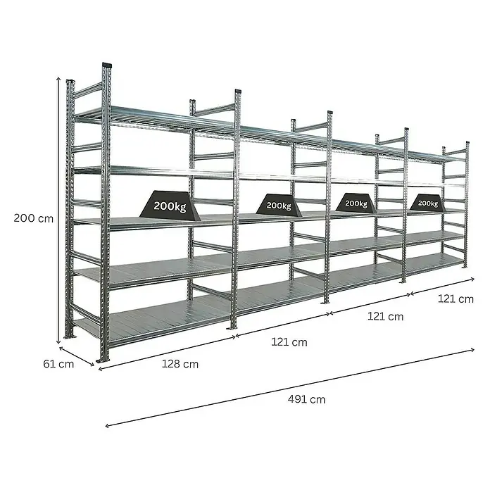 Proregal Aktenregal PROXIMO 1x Grundregal + 3x Anbauregal - H x B x T: 200 x 120 x 60 cm, Anzahl Böden: 5 Stk., Stecken, Verzinkt - Ansicht eines großen, robusten Schwerlastregals aus Metall mit mehreren Ebenen und Gewichtsangaben.