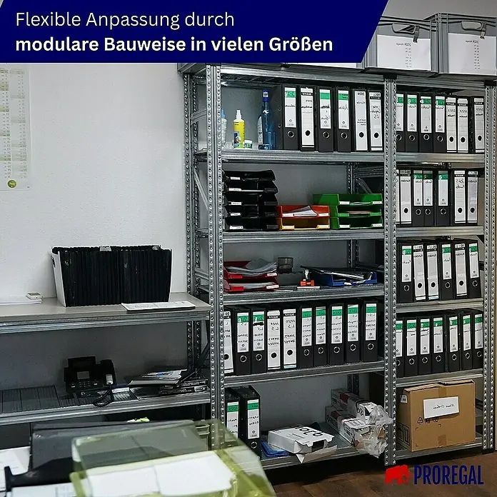 Proregal Aktenregal PROXIMO 1x Grundregal + 2x Anbauregal - H x B x T: 210 x 90 x 60 cm, Anzahl Böden: 5 Stk., Stecken, Verzinkt - Ein Regal mit vielen Aktenordnern und Büromaterialien, das Flexibilität und modulare Bauweise in verschiedenen Größen bietet.\n