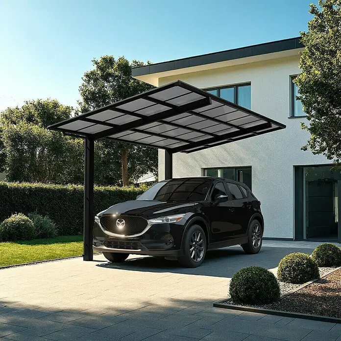 Ximax Carport Linea Typ 60 - Außenmaß inkl. Dachüberstand (B x T): 2,73 x 5,56 m, Schwarz - Moderne Carport-Lösung mit einem eleganten schwarzen Mazda CX-5. Das Carport schützt das Fahrzeug und ergänzt das Hausdesign.