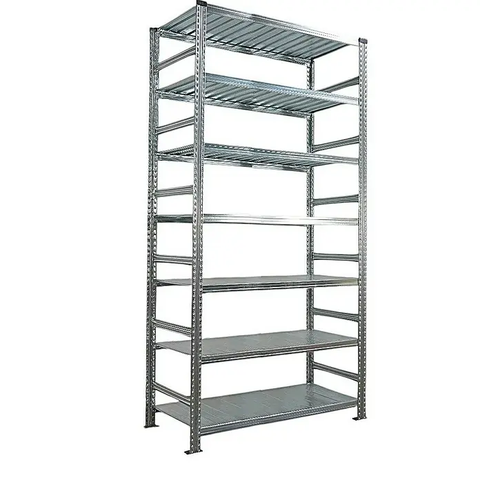 Proregal Aktenregal PROXIMO Grundregal - H x B x T: 250 x 120 x 60 cm, Anzahl Böden: 6 Stk., Stecken, Verzinkt - Abbildung eines silberfarbenen Metallregals mit mehreren Ablageflächen. Ideal für Lagerung und Organisation.
