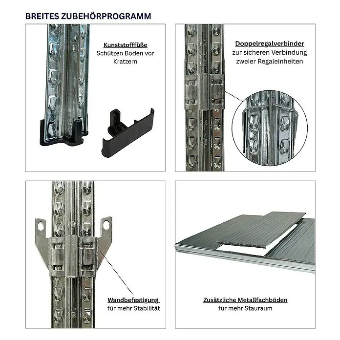 Proregal Aktenregal PROXIMO Grundregal - H x B x T: 250 x 120 x 60 cm, Anzahl Böden: 6 Stk., Stecken, Verzinkt - Zubehörprogramm für Regale: Kunststofffüße, Doppelregalverbinder, Wandbefestigung und zusätzliche Metallfachböden für mehr Stabilität und Stauraum.