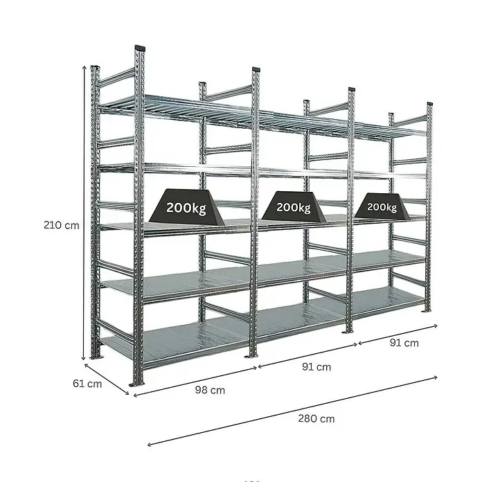 Proregal Aktenregal PROXIMO 1x Grundregal + 2x Anbauregal - H x B x T: 210 x 90 x 60 cm, Anzahl Böden: 5 Stk., Stecken, Verzinkt - Ein robustes Metallregalsystem mit mehreren Ebenen und Gewichtsangaben, ideal für Lagerung und Organisation.