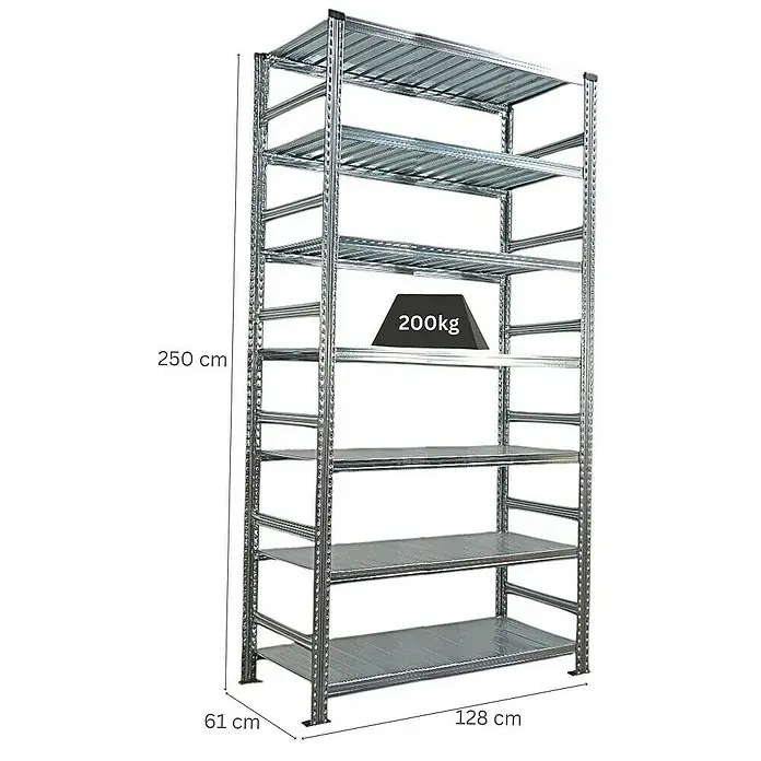 Proregal Aktenregal PROXIMO Grundregal - H x B x T: 250 x 120 x 60 cm, Anzahl Böden: 6 Stk., Stecken, Verzinkt - Abbildung eines stabilen, grauen Metallregals mit mehreren Fachböden. Es ist 250 cm hoch und bietet eine Tragkraft von 200 kg pro Boden.