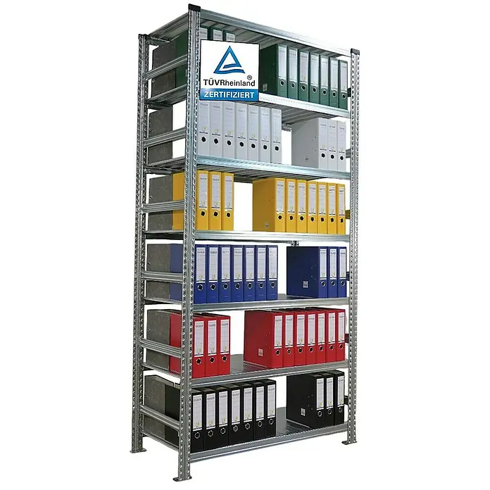 Proregal Aktenregal PROXIMO Grundregal - H x B x T: 250 x 120 x 60 cm, Anzahl Böden: 6 Stk., Stecken, Verzinkt - Ein Regal voll mit farbigen Aktenordnern, zertifiziert von TÜV Rheinland. Perfekt für die Büroorganisation.
