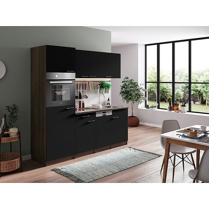 Respekta Cocina (Ancho: 205 cm, Con placa vitrocerámica, Imitación de madera de roble York, Negro)