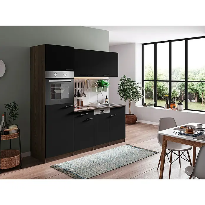 Respekta Singleküche Oliver - Breite: 205 cm, Schwarz, Mit Glaskeramikkochfeld - Ein stilvolles Küchenset in Schwarz und Holzoptik mit eingebautem Ofen und Hängeschränken bietet modernen Komfort und elegantes Design.