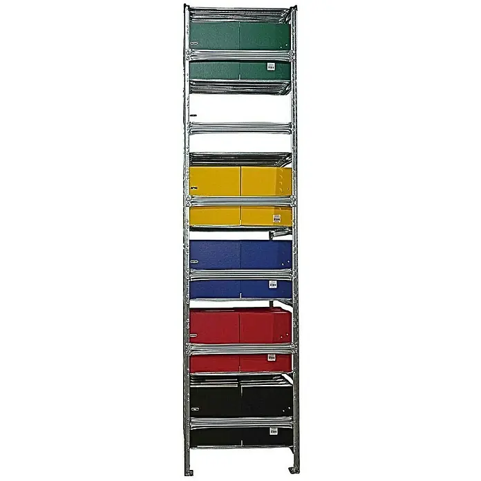 Proregal Aktenregal PROXIMO Grundregal - H x B x T: 250 x 120 x 60 cm, Anzahl Böden: 6 Stk., Stecken, Verzinkt - Regal mit mehrfarbigen Aufbewahrungsboxen. Das modulare Regalsystem bietet praktischen Stauraum mit farbcodierten Boxen zur einfachen Organisation.