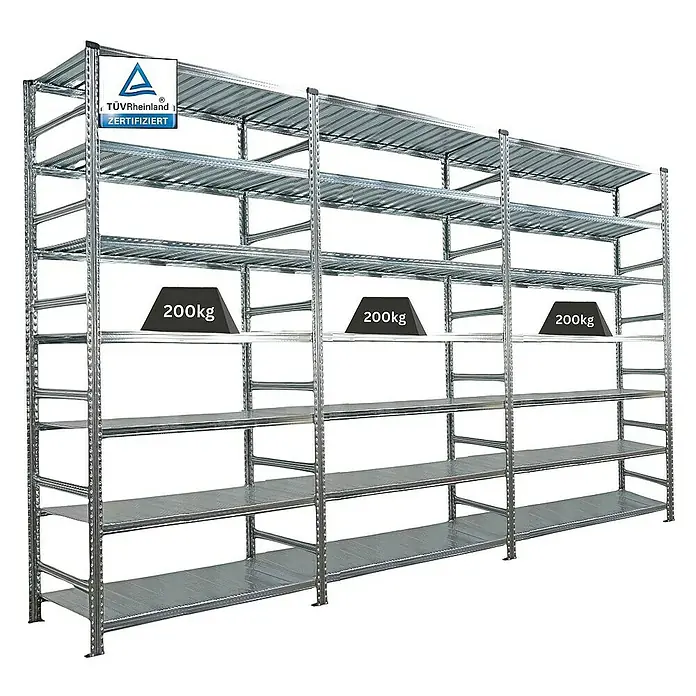 Proregal Aktenregal PROXIMO 1x Grundregal + 2x Anbauregal - Anzahl Böden: 6 Stk., Stecken, Verzinkt - Schwerlastregal mit mehreren Ebenen, ideal für Lagerung und Organisation, mit einer Traglast von 200kg pro Ebene.