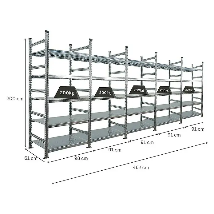 Proregal Aktenregal PROXIMO 1x Grundregal + 4x Anbauregal - H x B x T: 200 x 90 x 60 cm, Anzahl Böden: 5 Stk., Stecken, Verzinkt - Ein robustes, silberfarbenes Metallregal mit fünf Ebenen, das mit einer Traglast von 200 kg pro Ebene ausgezeichnet ist.
