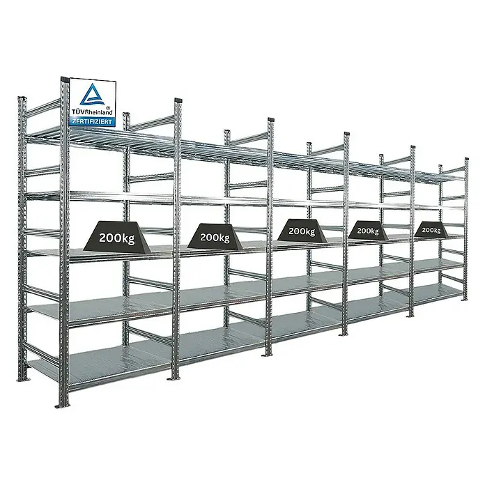 Proregal Aktenregal PROXIMO 1x Grundregal + 4x Anbauregal - H x B x T: 200 x 90 x 60 cm, Anzahl Böden: 5 Stk., Stecken, Verzinkt - Metallregal mit mehreren Ebenen und Gewichtsangaben, TÜV Rheinland zertifiziert für hohe Belastbarkeit.