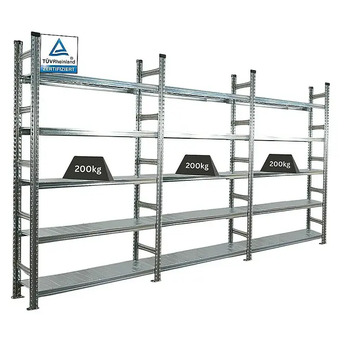 Proregal Aktenregal PROXIMO 1x Grundregal + 2x Anbauregal - H x B x T: 210 x 120 x 32 cm, Anzahl Böden: 5 Stk., Stecken, Verzinkt - Ein robustes Schwerlastregal mit mehreren Ebenen und einer TÜV Rheinland Zertifizierung für hohe Sicherheit.