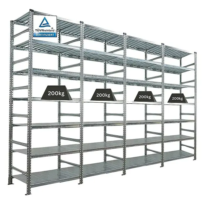 Proregal Aktenregal PROXIMO 1x Grundregal + 3x Anbauregal - H x B x T: 250 x 90 x 60 cm, Anzahl Böden: 6 Stk., Stecken, Verzinkt - Schwerlastregal mit vier Ebenen und Gewichtsangaben für jede Ebene, geprüft und zertifiziert.
