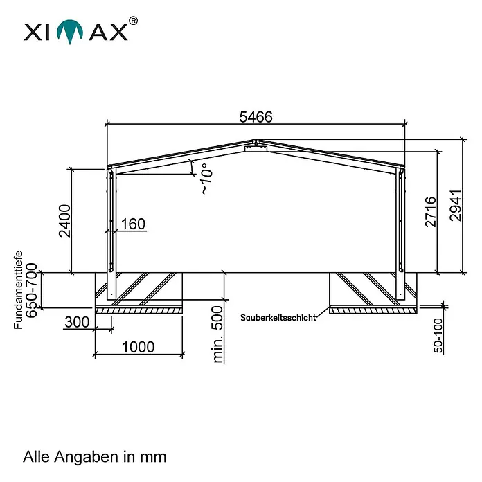 Ximax Carport Linea Typ 60 - Außenmaß inkl. Dachüberstand (B x T): 5,47 x 5,56 m, Edelstahl-Look - Schematische Darstellung einer XI-MAX-Struktur mit Maßangaben zu Fundamenttiefe, Höhe und Breite, dargestellt in Millimetern.