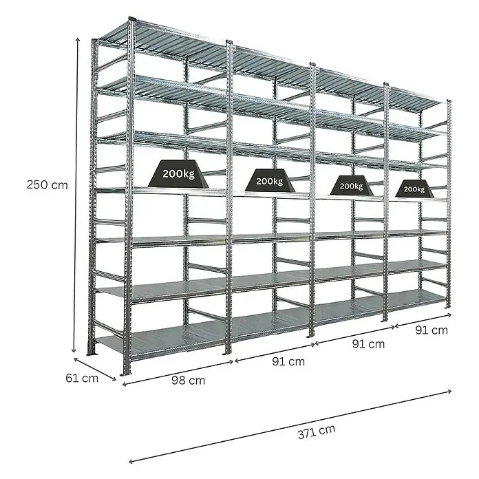 Proregal Aktenregal PROXIMO 1x Grundregal + 3x Anbauregal - H x B x T: 250 x 90 x 60 cm, Anzahl Böden: 6 Stk., Stecken, Verzinkt - Produktbild eines Schwerlastregals aus Metall mit mehreren Ebenen und Gewichtsangaben.
