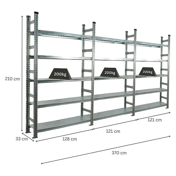 Proregal Aktenregal PROXIMO 1x Grundregal + 2x Anbauregal - H x B x T: 210 x 120 x 32 cm, Anzahl Böden: 5 Stk., Stecken, Verzinkt - Ansicht eines silbernen Schwerlastregals mit mehreren Ebenen und Gewichtsangaben, das für Lagerzwecke geeignet ist.