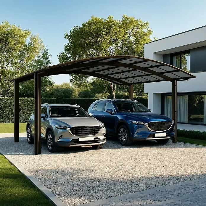 Ximax Carport Portoforte Typ 80 - M Ausführung - Außenmaß inkl. Dachüberstand (B x T): 6,03 x 5,56 m, Mattbraun - Ein Carport mit zwei geparkten Autos, darunter ein silbernes und ein blaues. Schützt Fahrzeuge vor Witterungseinflüssen.