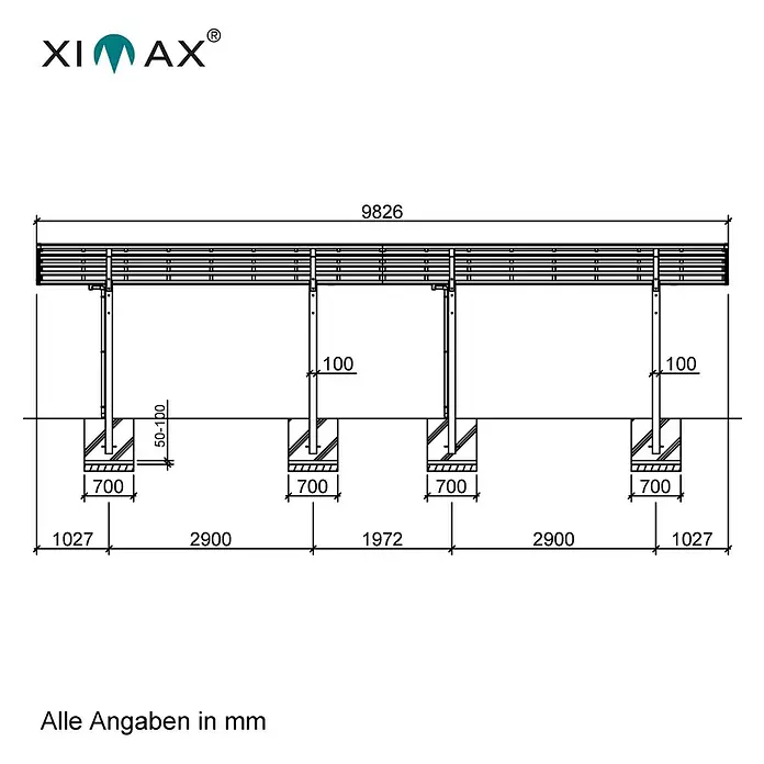 Ximax Carport Linea Typ 80 - Tandem - Außenmaß inkl. Dachüberstand (B x T): 3,04 x 9,83 m, Schwarz - Technische Zeichnung einer langen, erhöhten Plattform mit mehreren Stützstrukturen und Maßangaben.