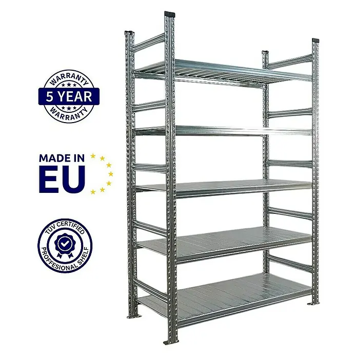 Proregal Aktenregal PROXIMO Grundregal - H x B x T: 200 x 120 x 60 cm, Anzahl Böden: 5 Stk., Stecken, Verzinkt - Bild eines Metallregals mit fünf Ebenen, ideal für Lagerung. Solide Konstruktion mit Garantie und Herkunft aus der EU.