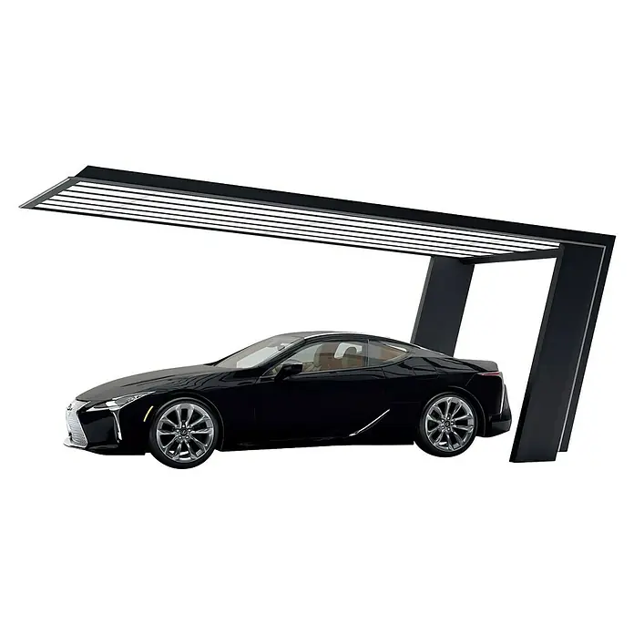 Ximax Carport Miro 7 Typ 60 - Außenmaß inkl. Dachüberstand (B x T): 3,19 x 5,87 m, Schwarz/Silber - Schwarzer Lexus LC unter einem modernen Carport mit LED-Beleuchtung.