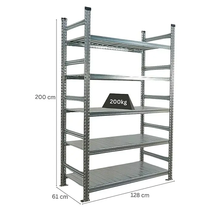 Proregal Aktenregal PROXIMO Grundregal - H x B x T: 200 x 120 x 60 cm, Anzahl Böden: 5 Stk., Stecken, Verzinkt - Metallregal mit fünf Ebenen und den Maßen 200x128x61 cm, belastbar mit 200 kg. Optimal für Lagerung und Ordnung.