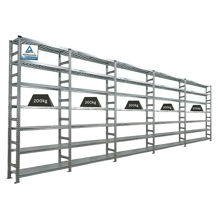 Proregal Aktenregal PROXIMO 1x Grundregal + 4x Anbauregal - H x B x T: 250 x 120 x 32 cm, Anzahl Böden: 6 Stk., Stecken, Verzinkt - Metallregal mit mehreren Regalböden und Gewichten zur Demonstration der Tragfähigkeit. TÜV Rheinland zertifiziert.