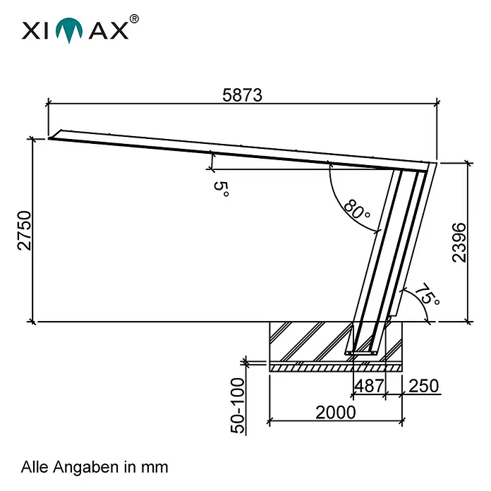Ximax Carport Miro 7 Typ 60 - Außenmaß inkl. Dachüberstand (B x T): 3,19 x 5,87 m, Edelstahl-Look - Schema einer modernen Terrassenüberdachung mit allen Maßangaben für die Planung und Montage.