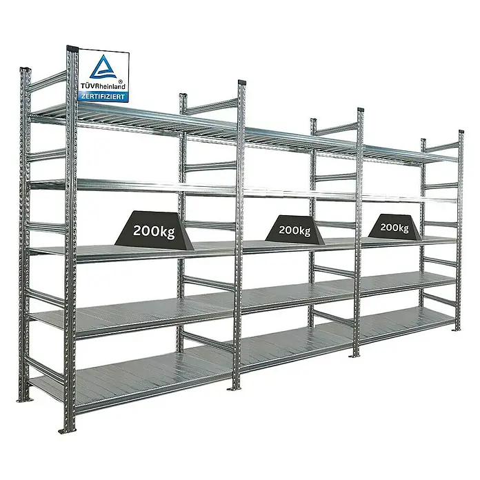 Proregal Aktenregal PROXIMO 1x Grundregal + 2x Anbauregal - H x B x T: 200 x 120 x 60 cm, Anzahl Böden: 5 Stk., Stecken, Verzinkt - Das Bild zeigt ein modulares Schwerlastregalsystem aus Metall mit mehreren Ebenen und einer TÜV-Zertifizierung für hohe Tragfähigkeit.