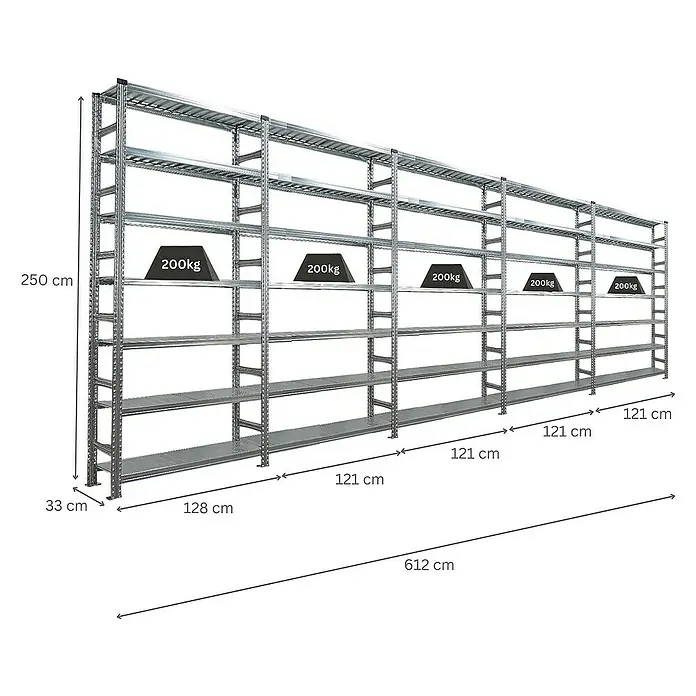 Proregal Aktenregal PROXIMO 1x Grundregal + 4x Anbauregal - H x B x T: 250 x 120 x 32 cm, Anzahl Böden: 6 Stk., Stecken, Verzinkt - Abbildung eines Schwerlastregalsystems mit mehreren Regalebenen und Gewichtsangaben zur maximalen Belastbarkeit pro Ebene.