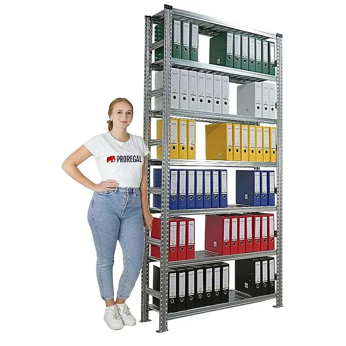 Proregal Aktenregal PROXIMO 1x Grundregal + 4x Anbauregal - H x B x T: 250 x 120 x 32 cm, Anzahl Böden: 6 Stk., Stecken, Verzinkt - Bild eines robusten Metallregals mit farbigen Ordnern, ideal für Büro oder Lager.