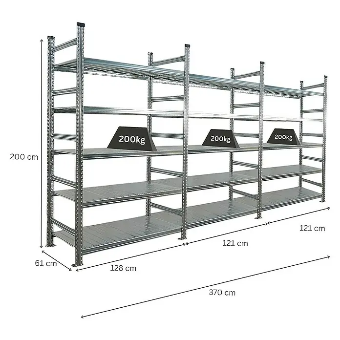 Proregal Aktenregal PROXIMO 1x Grundregal + 2x Anbauregal - H x B x T: 200 x 120 x 60 cm, Anzahl Böden: 5 Stk., Stecken, Verzinkt - Ein großes, silbernes Schwerlastregal mit mehreren Regalböden, die jeweils mit Gewichten von 200 kg belastet sind.