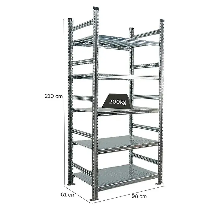 Proregal Aktenregal PROXIMO Grundregal - H x B x T: 210 x 90 x 60 cm, Anzahl Böden: 5 Stk., Stecken, Verzinkt - Bild eines Metallregals mit fünf Ebenen, ca. 210 cm hoch und mit einer Traglast von 200 kg. Optimal für Lagerung.