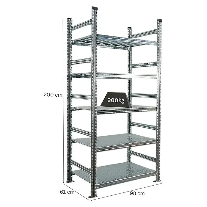 Proregal Aktenregal PROXIMO Grundregal - H x B x T: 200 x 90 x 60 cm, Anzahl Böden: 5 Stk., Stecken, Verzinkt - Metallregal mit fünf Regalböden und einer Belastung von 200 kg in der Mitte für Lagerung und Organisation.
