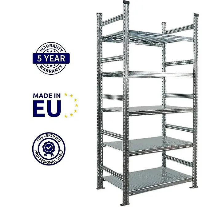 Proregal Aktenregal PROXIMO Grundregal - H x B x T: 200 x 90 x 60 cm, Anzahl Böden: 5 Stk., Stecken, Verzinkt - Ein silbernes Schwerlastregal mit fünf Ebenen, ideal für Lagerung und Organisation in Werkstatt oder Lager.