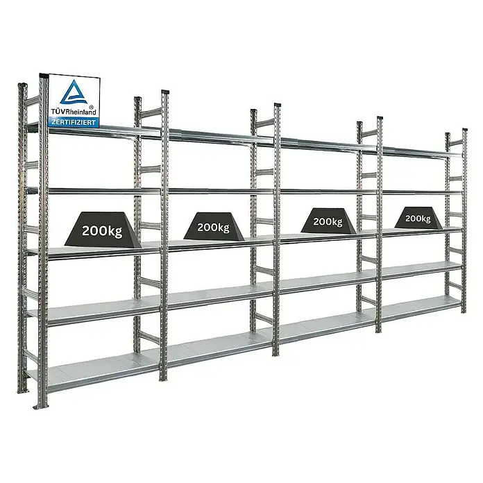 Proregal Aktenregal PROXIMO 1x Grundregal + 3x Anbauregal - Anzahl Böden: 5 Stk., Stecken, Verzinkt - Metallregal mit vier Ebenen, beladen mit 200kg Gewichten. Robustes Schwerlastregal für Lager und Werkstatt mit TÜV Rheinland Zertifikat.