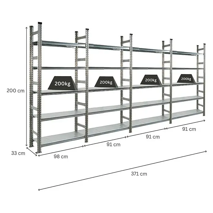Proregal Aktenregal PROXIMO 1x Grundregal + 3x Anbauregal - Anzahl Böden: 5 Stk., Stecken, Verzinkt - Abbildung eines silbernen Metallregals mit vier Regalböden, wobei das Gewicht pro Regalboden mit 200 kg angegeben ist.