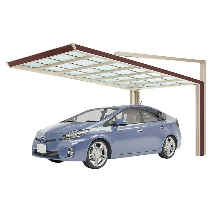 Ximax Carport Miro Next Typ 60 - Außenmaß inkl. Dachüberstand (B x T): 2,33 x 5,14 m, Sepiabraun - Ein blaues Auto steht unter einem modernen Carport mit durchscheinendem Dach, das Schutz vor den Elementen bietet.