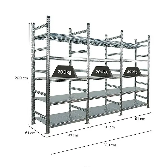 Proregal Aktenregal PROXIMO 1x Grundregal + 2x Anbauregal - Anzahl Böden: 5 Stk., Stecken, Verzinkt - Bild eines grauen Metallregals mit vier Ebenen und Gewichtsangaben.