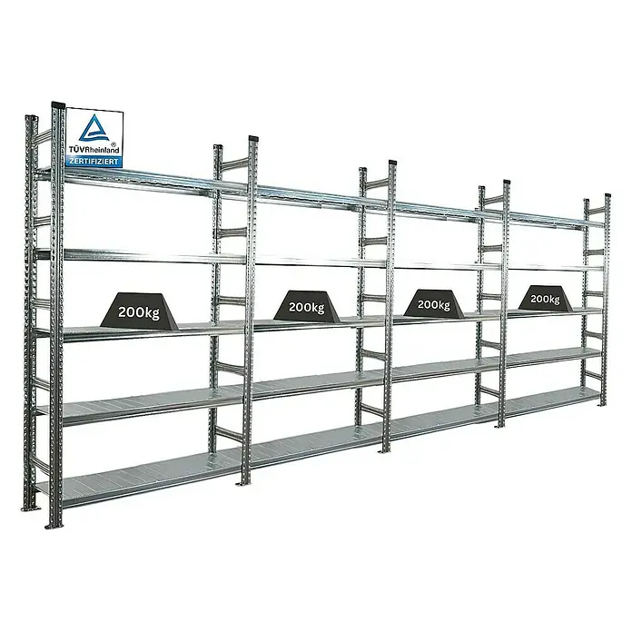 Proregal Aktenregal PROXIMO 1x Grundregal + 3x Anbauregal - Anzahl Böden: 5 Stk., Stecken, Verzinkt - Metallregal mit mehreren Ebenen, auf denen jeweils 200kg schwere Gewichte liegen. Das Regal ist TÜV-Rheinland zertifiziert.