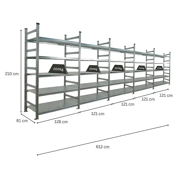 Proregal Aktenregal PROXIMO 1x Grundregal + 4x Anbauregal - Anzahl Böden: 5 Stk., Stecken, Verzinkt - Ein graues Schwerlastregal mit mehreren Ebenen und einer Traglast von 200 kg pro Ebene, ideal für Lagerung.