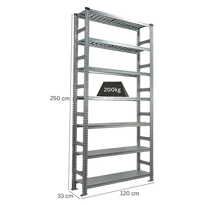 Proregal Aktenregal PROXIMO Grundregal - Anzahl Böden: 6 Stk., Stecken, Verzinkt - Abbildung eines silbernen Metallregals mit sieben Regalböden und den Maßen 250 x 120 x 33 cm, wobei ein Gewicht von 200 kg dargestellt ist.