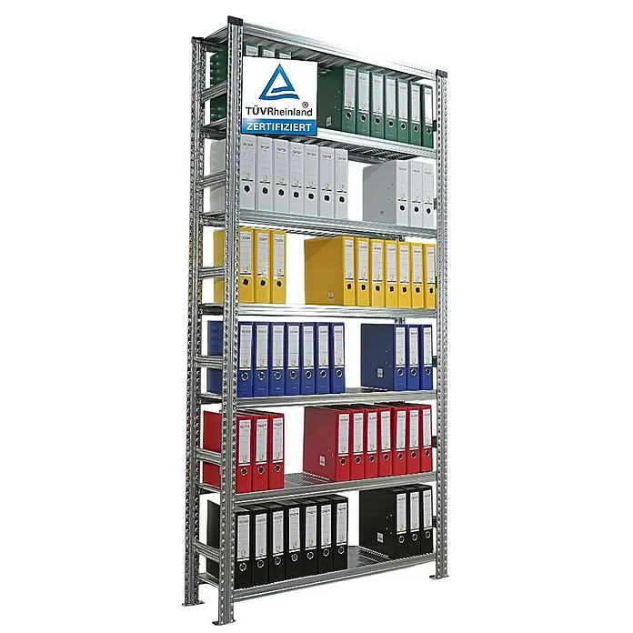 Proregal Aktenregal PROXIMO Grundregal - Anzahl Böden: 6 Stk., Stecken, Verzinkt - Ein Regal voller bunter Aktenordner, die für Ordnung und Übersichtlichkeit sorgen. Ideal für Büro oder Lager.