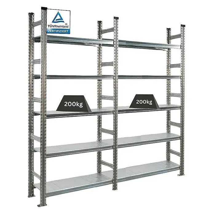 Proregal Aktenregal PROXIMO 1x Grundregal + 1x Anbauregal - Anzahl Böden: 5 Stk., Stecken, Verzinkt - Regalsystem mit mehreren Ebenen und Traglastanzeige. Ideal für Lagerung und Organisation mit TÜV Rheinland Zertifizierung.