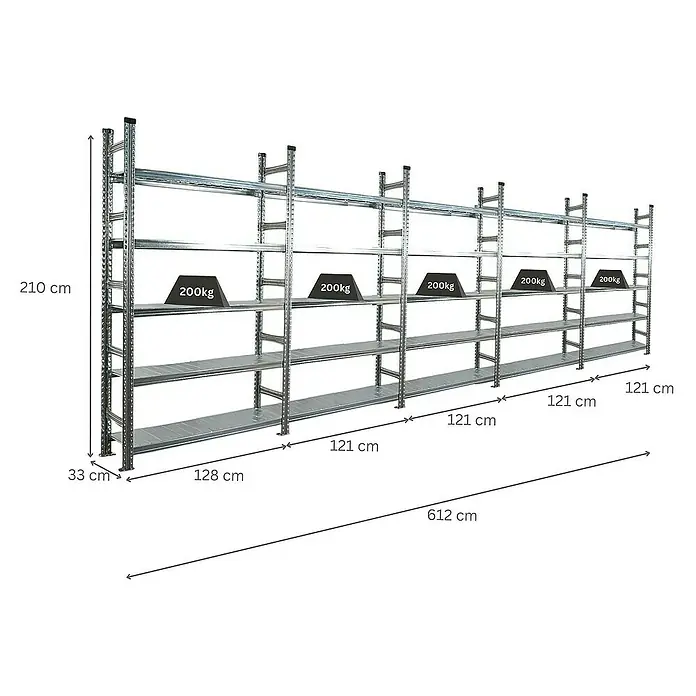 Proregal Aktenregal PROXIMO 1x Grundregal + 4x Anbauregal - Anzahl Böden: 5 Stk., Stecken, Verzinkt - Ansicht eines Regalsystems aus Metall mit mehreren Ebenen, das mit Gewichten von 200 kg belastet ist und dessen Abmessungen angegeben sind.
