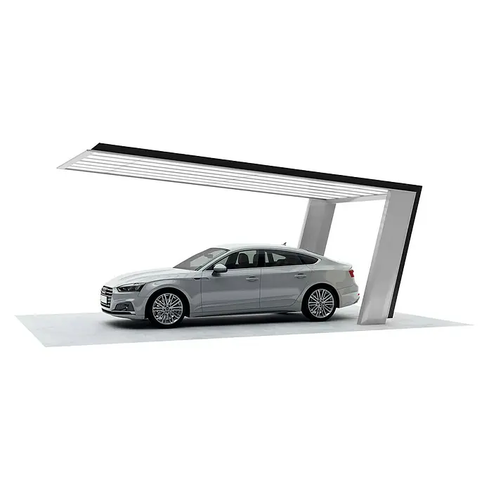 Ximax Carport Miro 7 Typ 60 - Außenmaß inkl. Dachüberstand (B x T): 3,19 x 5,87 m, Edelstahl-Look/Schwarz - Bild eines grauen Autos unter einem modernen Carport mit integrierter Beleuchtung, das stilvolles Design und Funktionalität vereint.