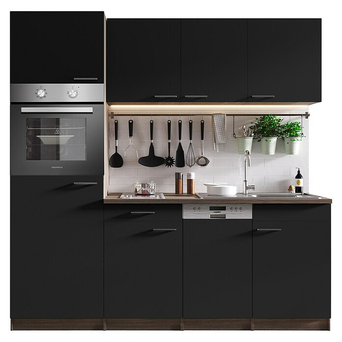 Respekta Cocina (Ancho: 205 cm, Con placa vitrocerámica, Imitación de madera de roble York, Negro)